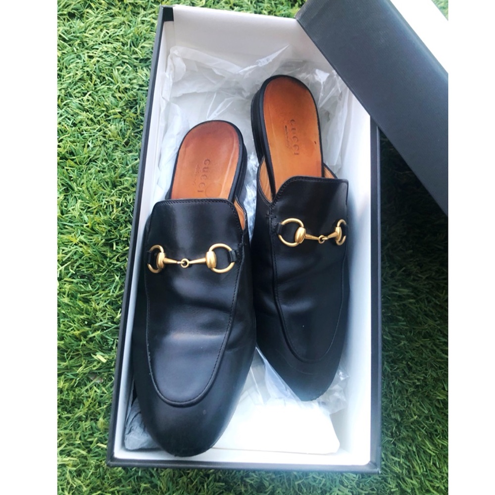 Gucci Black Leather Horsebit Mules with Gold Hardware